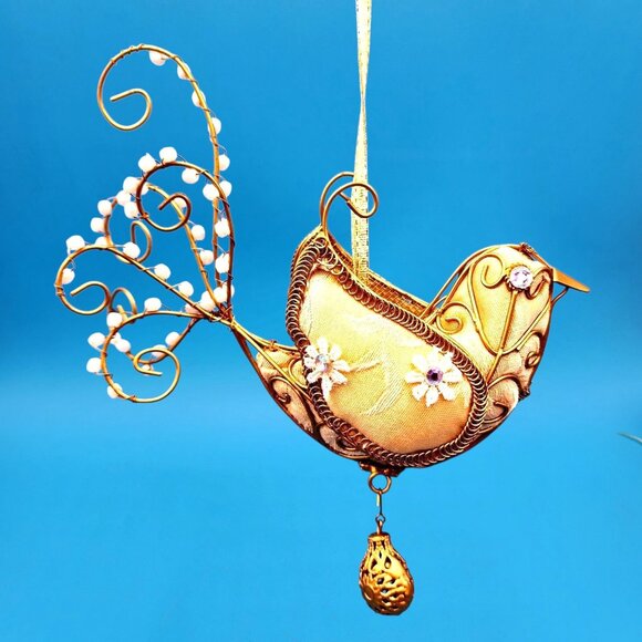 Victorian Bird Ornament Tapestry Gold Beaded Frame Rhinestone Flowers Drop Bead - Picture 4 of 9